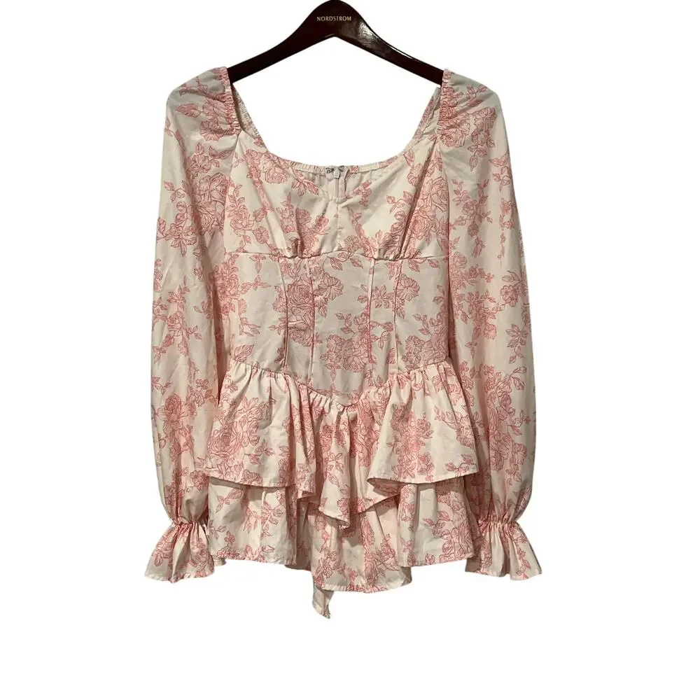 Pink and White, Floral, Long Sleeve Romper, Size XS, 1433Q - Picture 2 of 5